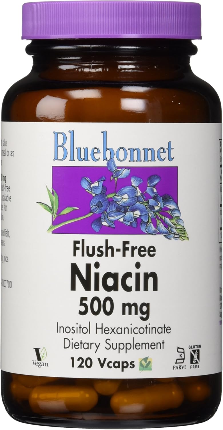 BlueBonnet Nutrition Flush-Free Niacin 500mg Vegetable Capsules - Cardiovascular Support - Soy/Dairy/Gluten Free - Non-GMO - Kosher Certified - Vegan - 120 Count