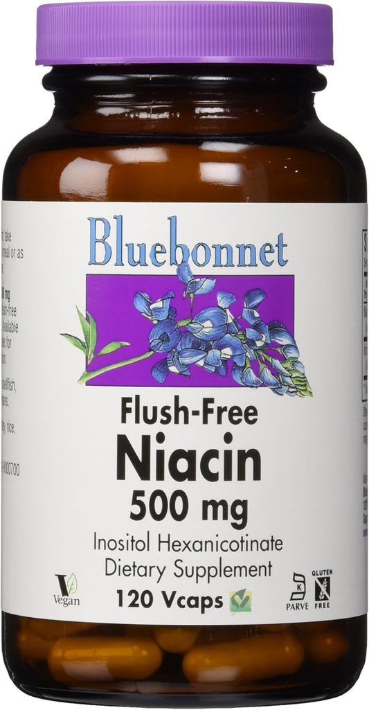 BlueBonnet Nutrition Flush-Free Niacin 500mg Vegetable Capsules - Cardiovascular Support - Soy/Dairy/Gluten Free - Non-GMO - Kosher Certified - Vegan - 120 Count