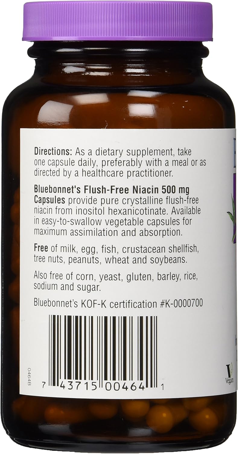 BlueBonnet Nutrition Flush-Free Niacin 500mg Vegetable Capsules - Cardiovascular Support - Soy/Dairy/Gluten Free - Non-GMO - Kosher Certified - Vegan - 120 Count
