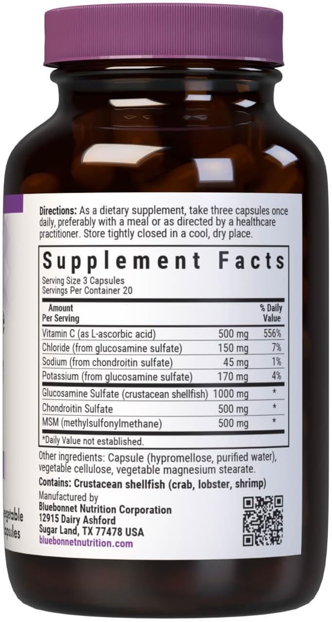 Bluebonnet Nutrition Glucosamine Chondroitin & MSM Capsules for Bone & Joint Health, Non-GMO, Gluten-Free, Soy-Free, Dairy-Free - 60 Count