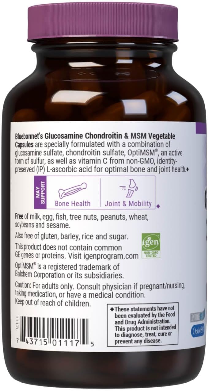 Bluebonnet Nutrition Glucosamine Chondroitin & MSM Capsules for Bone & Joint Health, Non-GMO, Gluten-Free, Soy-Free, Dairy-Free - 60 Count