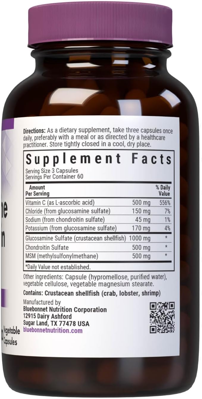Bluebonnet Nutrition Glucosamine Chondroitin Plus MSM - Bone & Joint Health Supplement - 180 Vegetable Capsules, Non GMO & Gluten Free