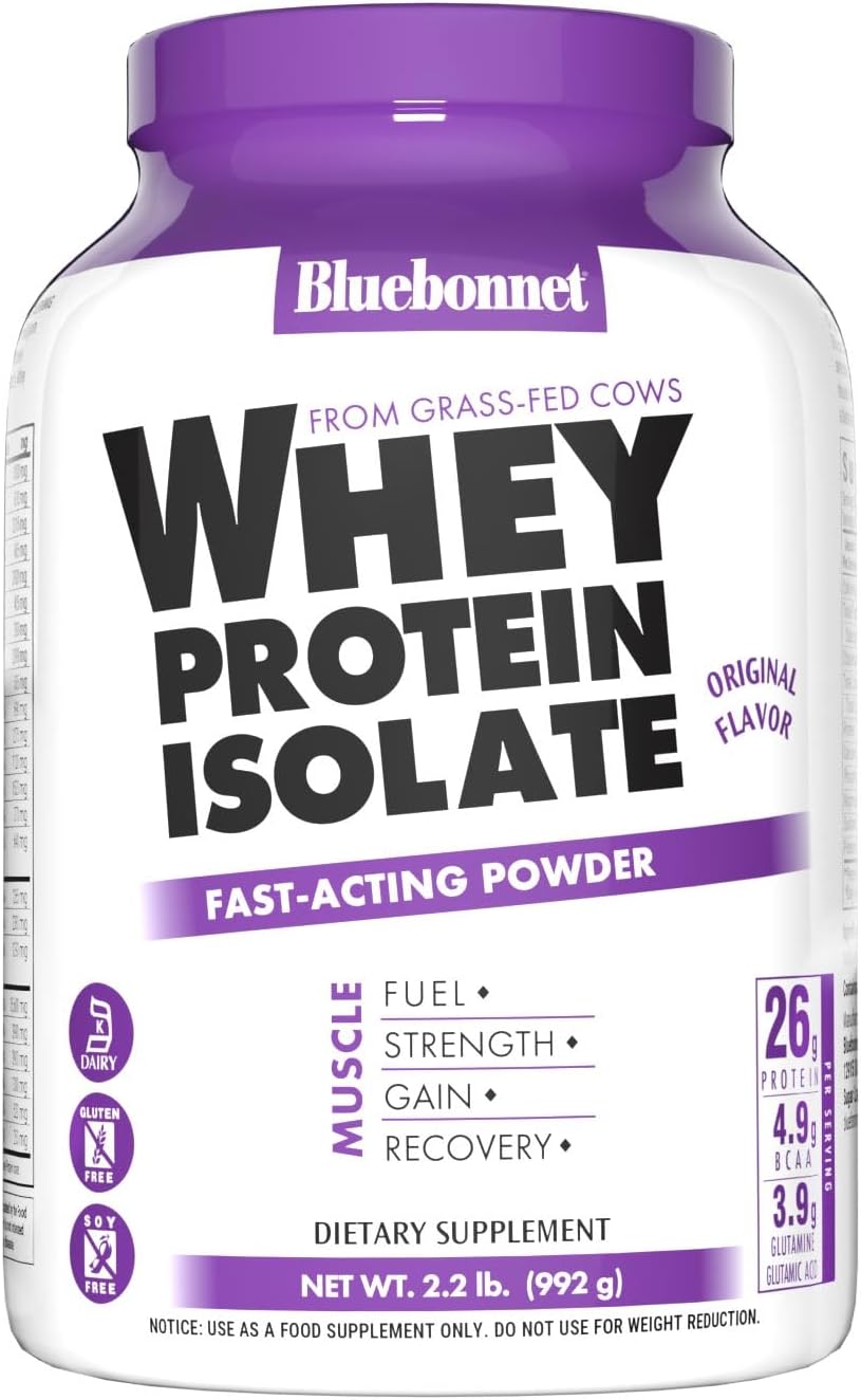 Bluebonnet Nutrition Grass Fed Whey Protein Isolate Powder - 26g Protein, No Sugar, Gluten/Soy Free, Kosher Dairy - 2.2lbs, 32 Servings