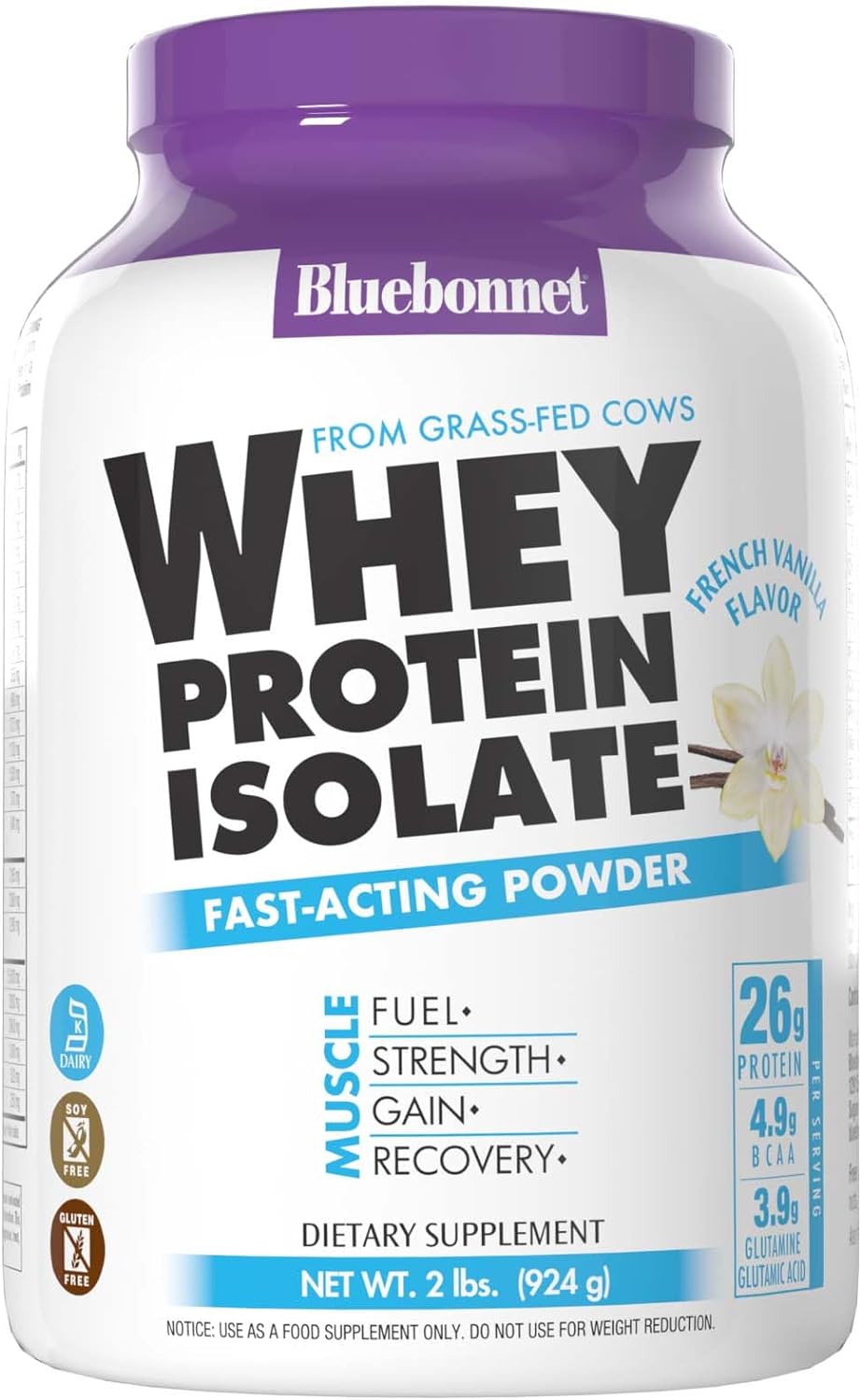 BlueBonnet Nutrition Grass Fed Whey Protein Isolate Powder - French Vanilla Flavor, 26g Protein, No Sugar, Gluten & Soy Free - 2 Lbs