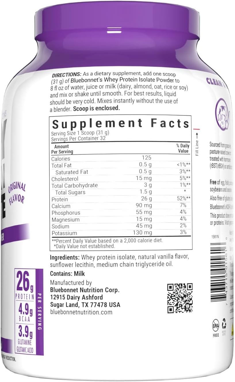 Bluebonnet Nutrition Grass Fed Whey Protein Isolate Powder - 26g Protein, No Sugar, Gluten/Soy Free, Kosher Dairy - 2.2lbs, 32 Servings