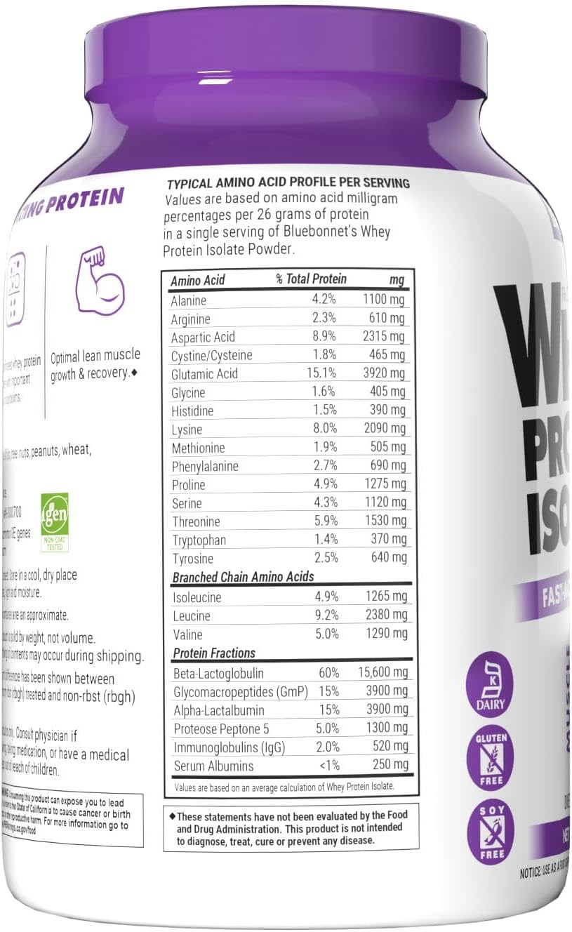 Bluebonnet Nutrition Grass Fed Whey Protein Isolate Powder - 26g Protein, No Sugar, Gluten/Soy Free, Kosher Dairy - 2.2lbs, 32 Servings