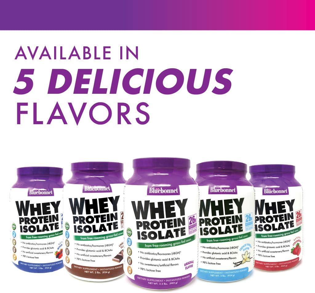 BlueBonnet Nutrition Grass Fed Whey Protein Isolate Powder - French Vanilla Flavor, 26g Protein, No Sugar, Gluten & Soy Free - 2 Lbs