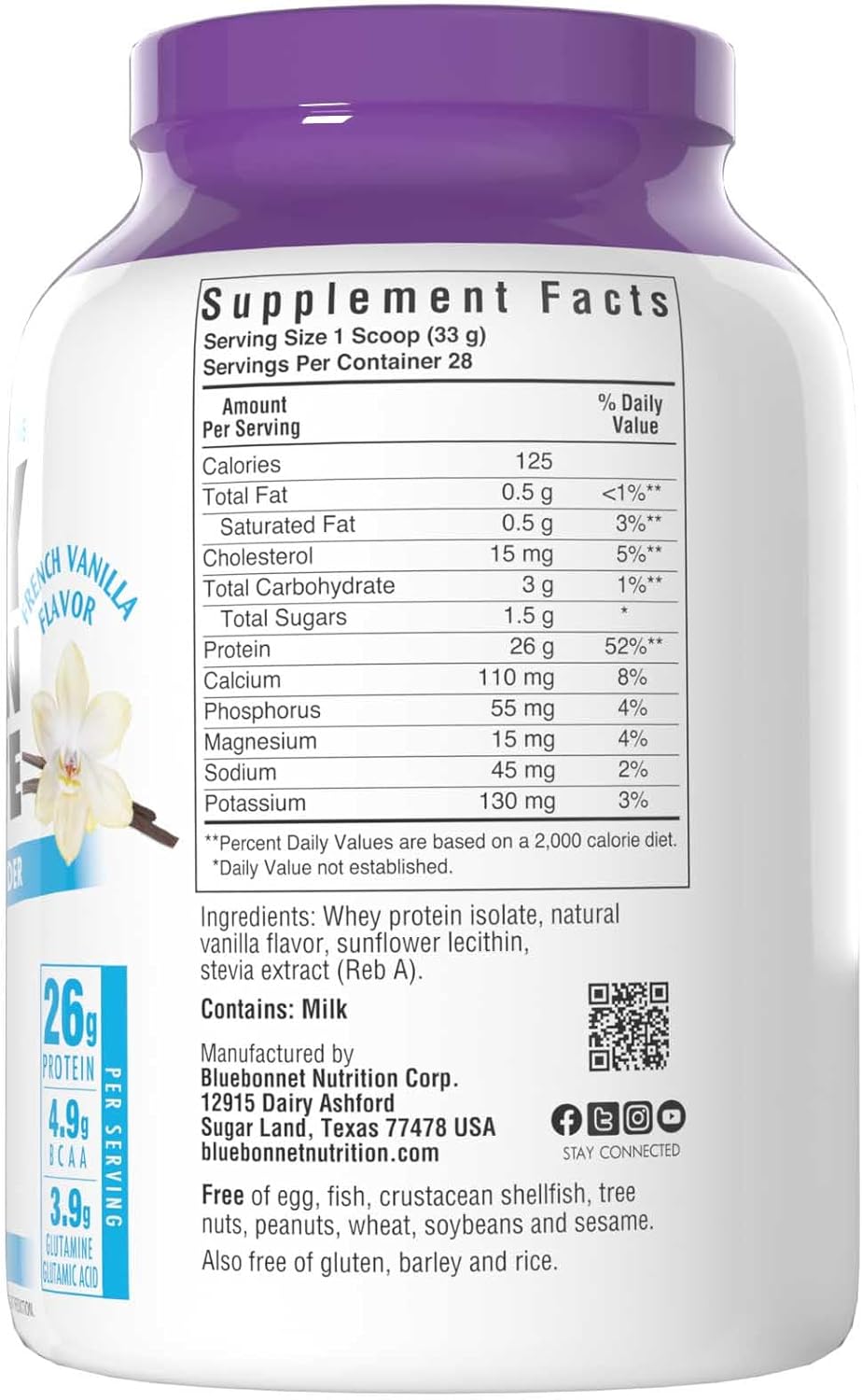 BlueBonnet Nutrition Grass Fed Whey Protein Isolate Powder - French Vanilla Flavor, 26g Protein, No Sugar, Gluten & Soy Free - 2 Lbs