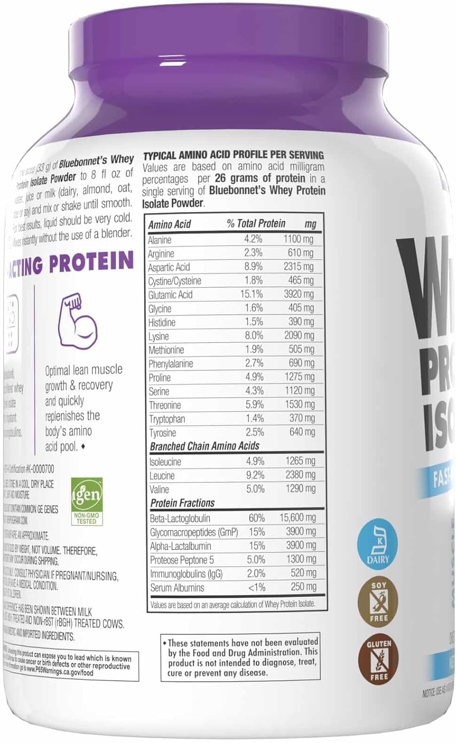 BlueBonnet Nutrition Grass Fed Whey Protein Isolate Powder - French Vanilla Flavor, 26g Protein, No Sugar, Gluten & Soy Free - 2 Lbs
