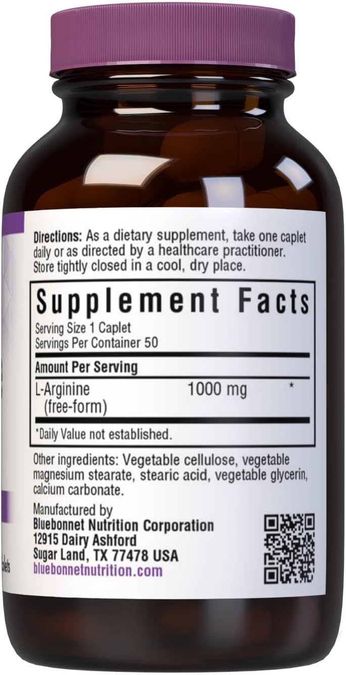 Bluebonnet Nutrition L-Arginine 1000mg Caplets - Nitric Oxide Precursor, Gluten-Free, Non-GMO, Kosher Certified - Vegan Friendly