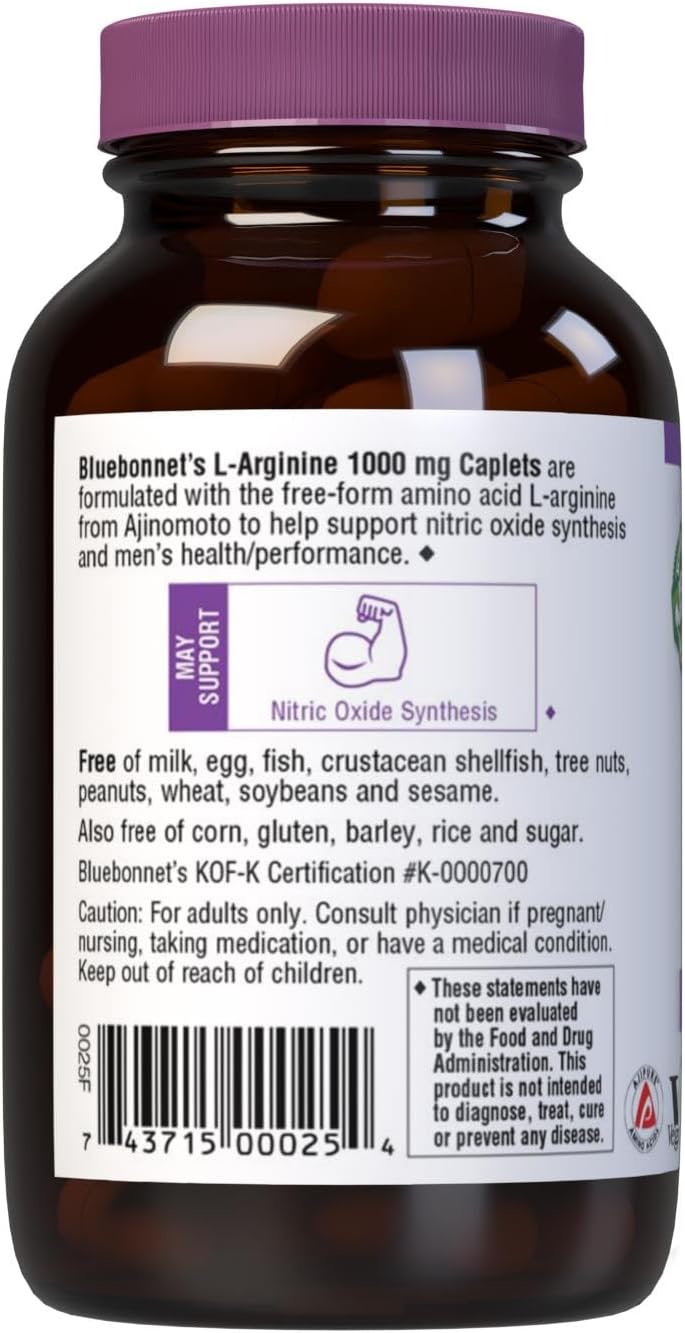 Bluebonnet Nutrition L-Arginine 1000mg Caplets - Nitric Oxide Precursor, Gluten-Free, Non-GMO, Kosher Certified - Vegan Friendly
