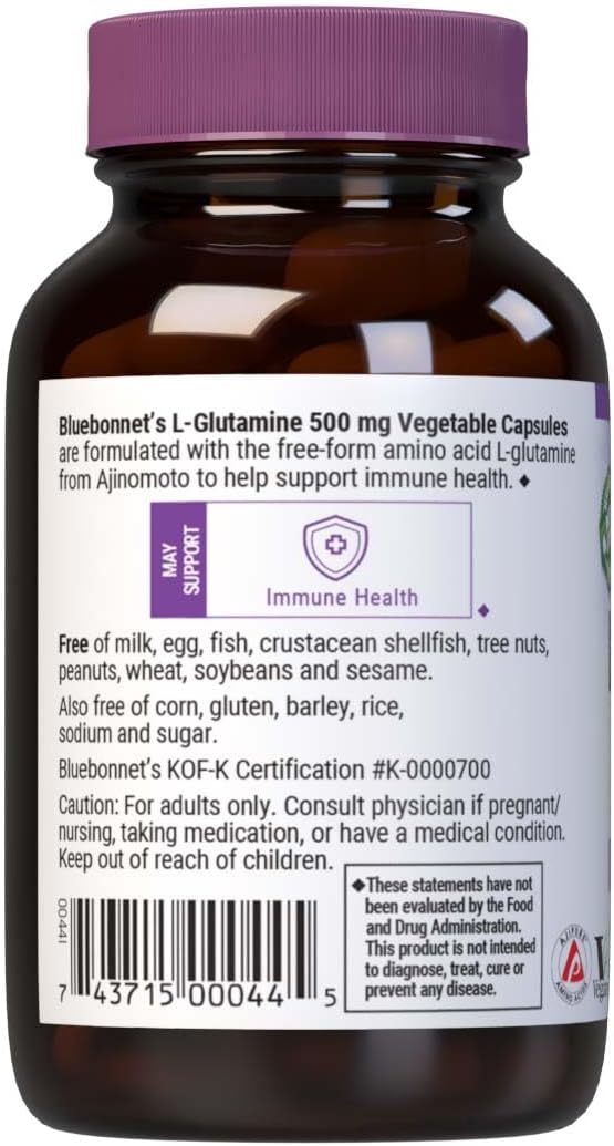 Bluebonnet Nutrition L-Glutamine 500mg Capsules - Immune Support, Nitrogen Transporter - Non-GMO, Kosher, Vegan - 50 Count