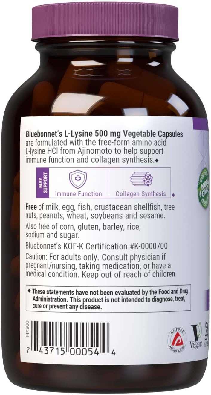 Bluebonnet Nutrition L-Lysine 500mg Capsules for Immune Health, Collagen Synthesis Support - Soy-Free, Gluten-Free, Non-GMO, Kosher, Vegan (100 Count)