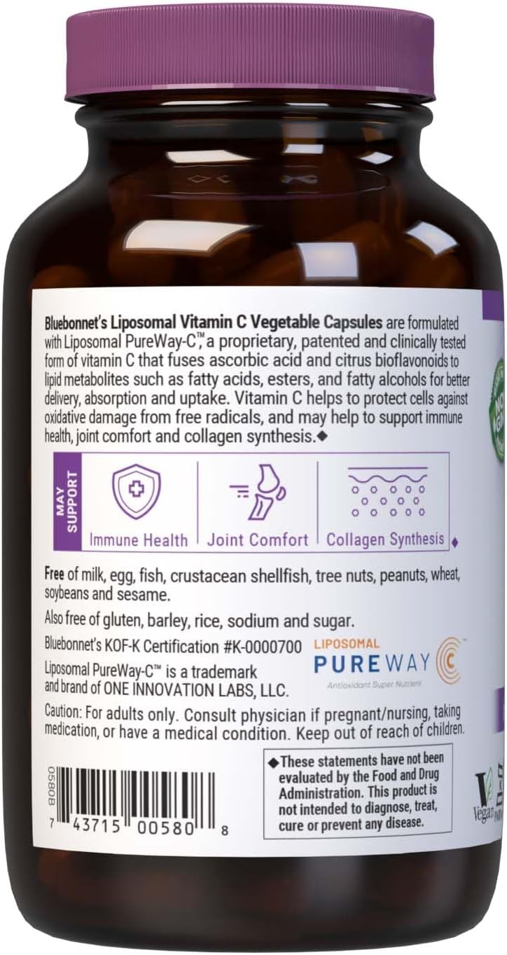 Bluebonnet Nutrition Liposomal Vitamin C Capsules - Immune & Joint Health Support, Collagen Synthesis, Vegan, Kosher, Non-GMO - 90 Capsules