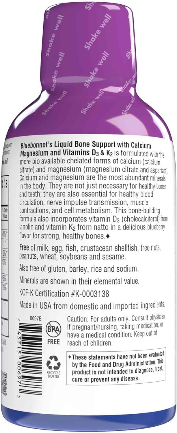 Bluebonnet Nutrition Liquid Bone Support with Calcium, Magnesium, Vitamin D3, K2 - Blueberry Flavor - Non-GMO, Gluten-Free, Soy-Free, Kosher - 32 Servings, 16 Fl Oz