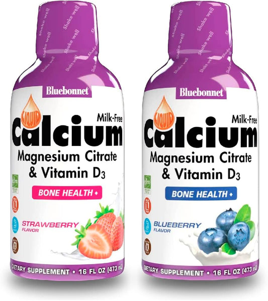 Bluebonnet Nutrition Liquid Calcium Citrate Magnesium Citrate, Vitamin D3 Blueberry and Strawberry Bundle - 32 Fl Oz Total