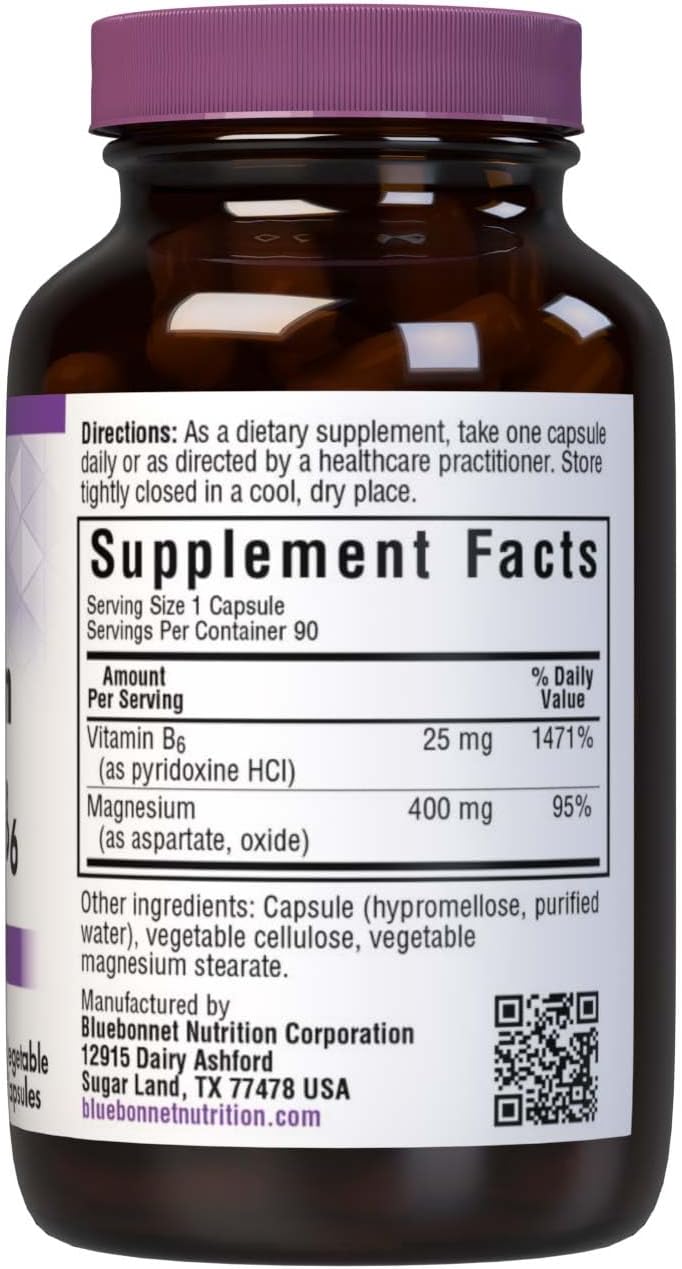 Bluebonnet Nutrition Magnesium & B6 Capsules - 400mg Magnesium Oxide & Aspartate + Vitamin B6 - Heart & Brain Support for Men & Women - Non-GMO & Vegan - 90 Capsules