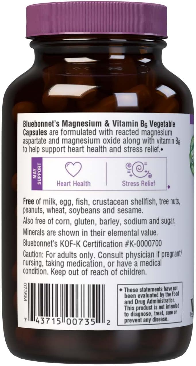 Bluebonnet Nutrition Magnesium & B6 Capsules - 400mg Magnesium Oxide & Aspartate + Vitamin B6 - Heart & Brain Support for Men & Women - Non-GMO & Vegan - 90 Capsules