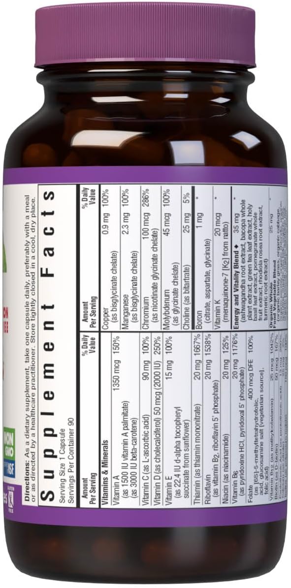 Bluebonnet Nutrition Maxi One Whole Food Multi with Enzymes for Energy & Vitality, Iron-Free, Gluten-Free, Soy-Free, Green-Free, Kosher, Vegetarian, Non-GMO - 90 Count