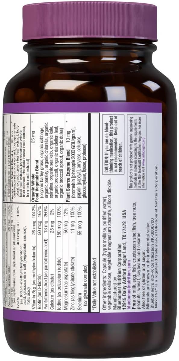 Bluebonnet Nutrition Maxi One Whole Food Multi with Enzymes for Energy & Vitality, Iron-Free, Gluten-Free, Soy-Free, Green-Free, Kosher, Vegetarian, Non-GMO - 90 Count