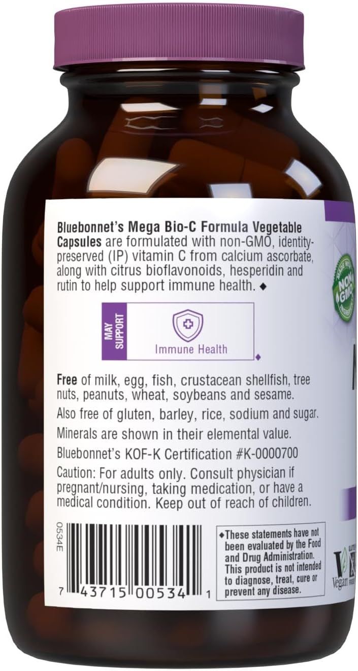 Bluebonnet Nutrition Mega Bio-C Formula Capsules: High Potency Buffered Vitamin C for Immune Health, 90 Count, Soy-Free, Gluten-Free, Non-GMO, Kosher, Dairy-Free, Vegan