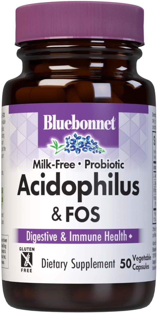 Bluebonnet Nutrition Milk-Free Probiotic Acidophilus & FOS Capsules - Digestive Health Support, Gluten-Free, Soy-Free, Dairy-Free - 50 Servings