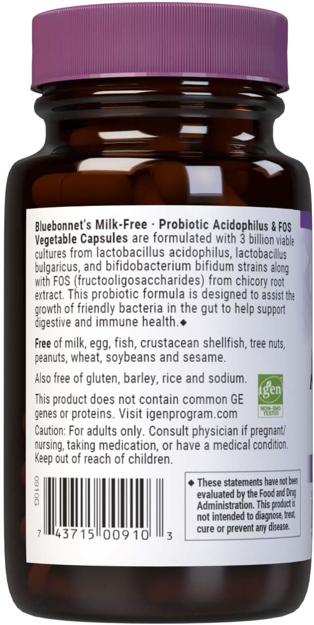 Bluebonnet Nutrition Milk-Free Probiotic Acidophilus & FOS Capsules - Digestive Health Support, Gluten-Free, Soy-Free, Dairy-Free - 50 Servings