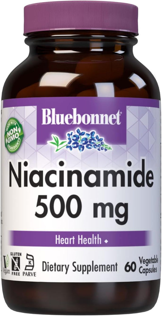 Bluebonnet Nutrition Niacinamide 500mg - Cardiovascular Health Support - Non-GMO, Dairy-Free, Vegan - 60 Vegetable Capsules