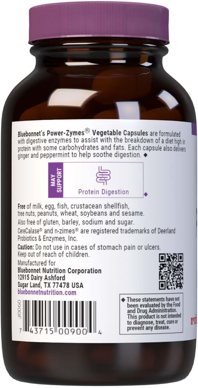 Bluebonnet Nutrition Power-Zymes: Protein Digestive Support in 90 Vegetable Capsules