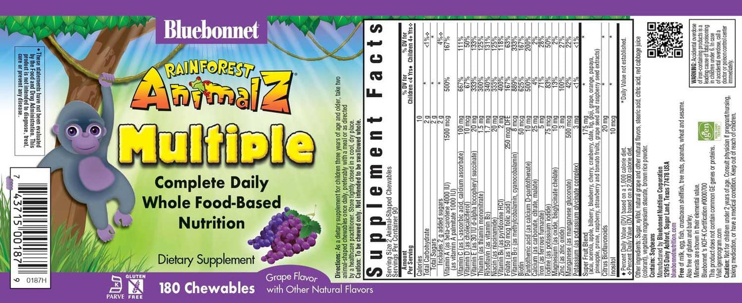 Bluebonnet Nutrition Rainforest Animalz Kids Multivitamin Chewable Tablets, 180 Count, Grape Flavor, Gluten-Free, Milk-Free, Kosher