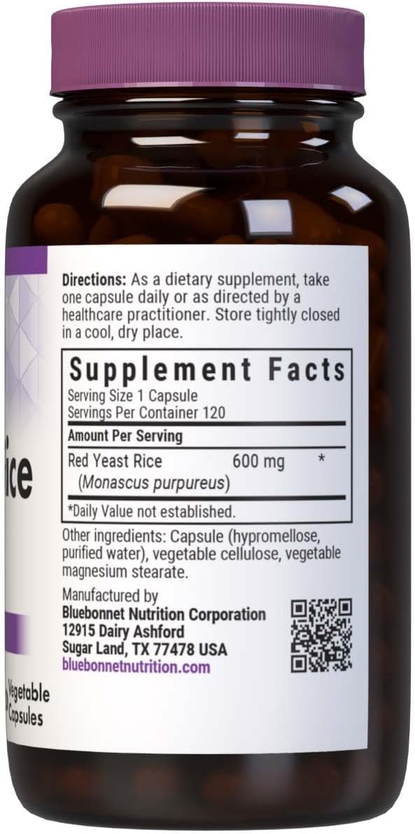 Bluebonnet Nutrition Red Yeast Rice 600 mg Capsules - Heart Health Support, Non-GMO, Vegan, Kosher, Gluten-Free, 120 Count