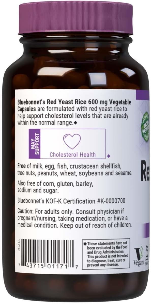 Bluebonnet Nutrition Red Yeast Rice 600 mg Capsules - Heart Health Support, Non-GMO, Vegan, Kosher, Gluten-Free, 120 Count