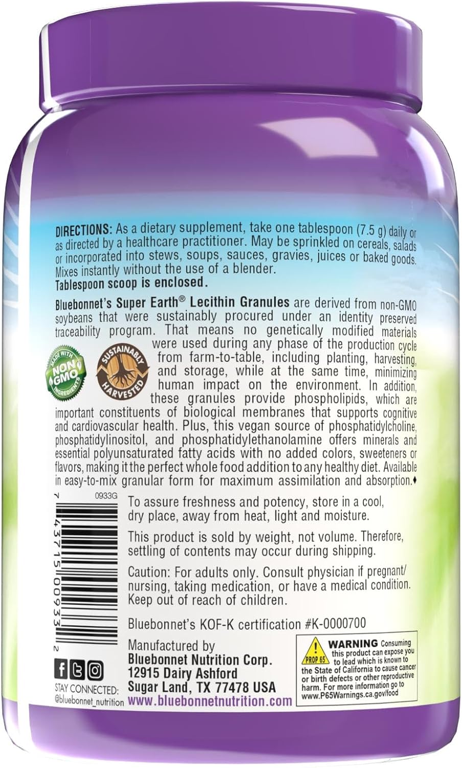 Bluebonnet Nutrition Super Earth Non-GMO Soy Lecithin Granules - Vegan, Kosher, Gluten-Free - 25.4 oz, 96 Servings