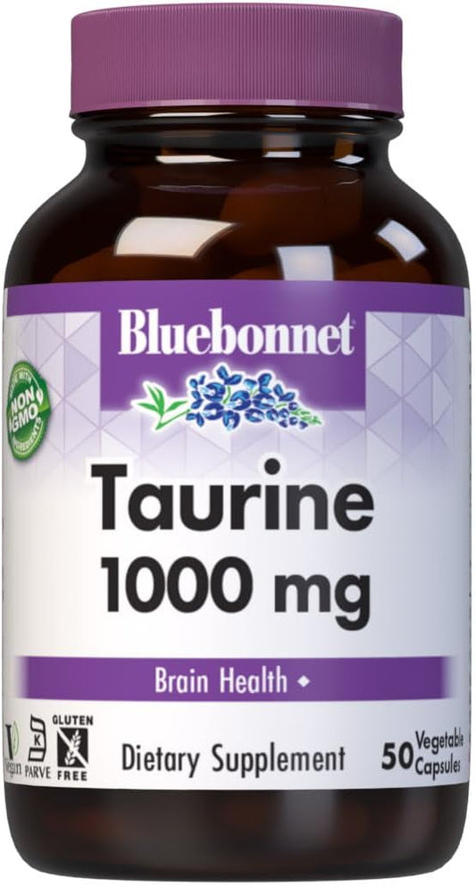 Bluebonnet Nutrition Taurine 1000 mg Capsules for Nervous System Support, Non-GMO, Vegan, Kosher, Gluten-Free, Soy-Free - 50 Servings