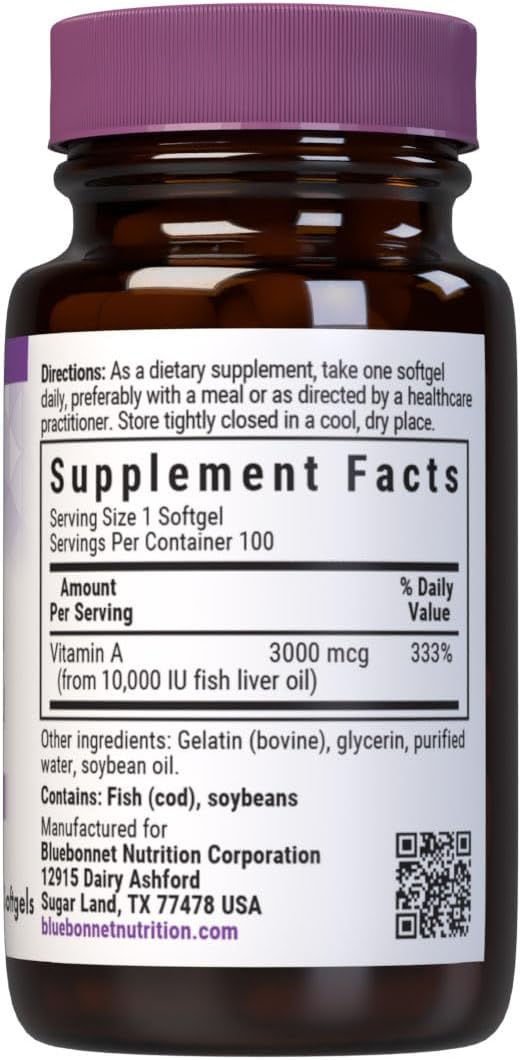 Bluebonnet Nutrition Vitamin A 10,000 IU Softgels for Eye Health & Immune Function, Gluten Free, Dairy Free
