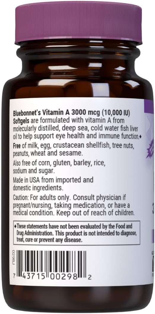 Bluebonnet Nutrition Vitamin A 10,000 IU Softgels for Eye Health & Immune Function, Gluten Free, Dairy Free