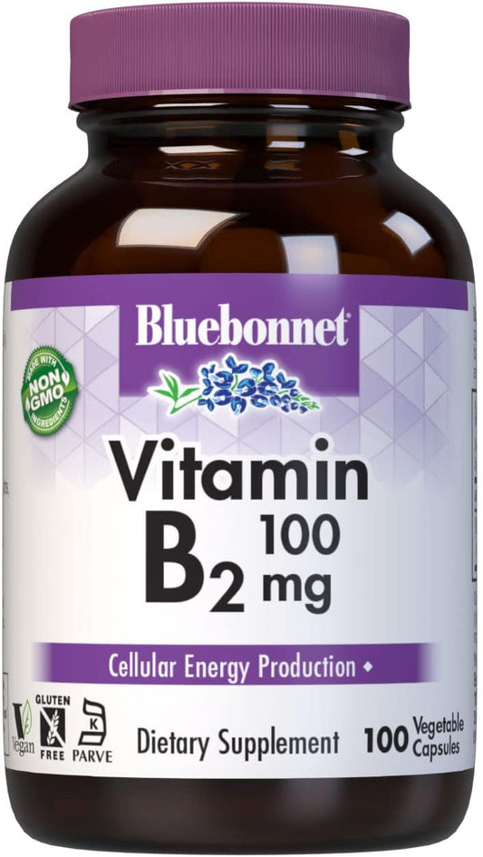Bluebonnet Nutrition Vitamin B2 100mg - Supports Heart and Nervous System, Soy-Free, Gluten-Free, Kosher, Dairy-Free, Vegan, Non-GMO - 100 Capsules