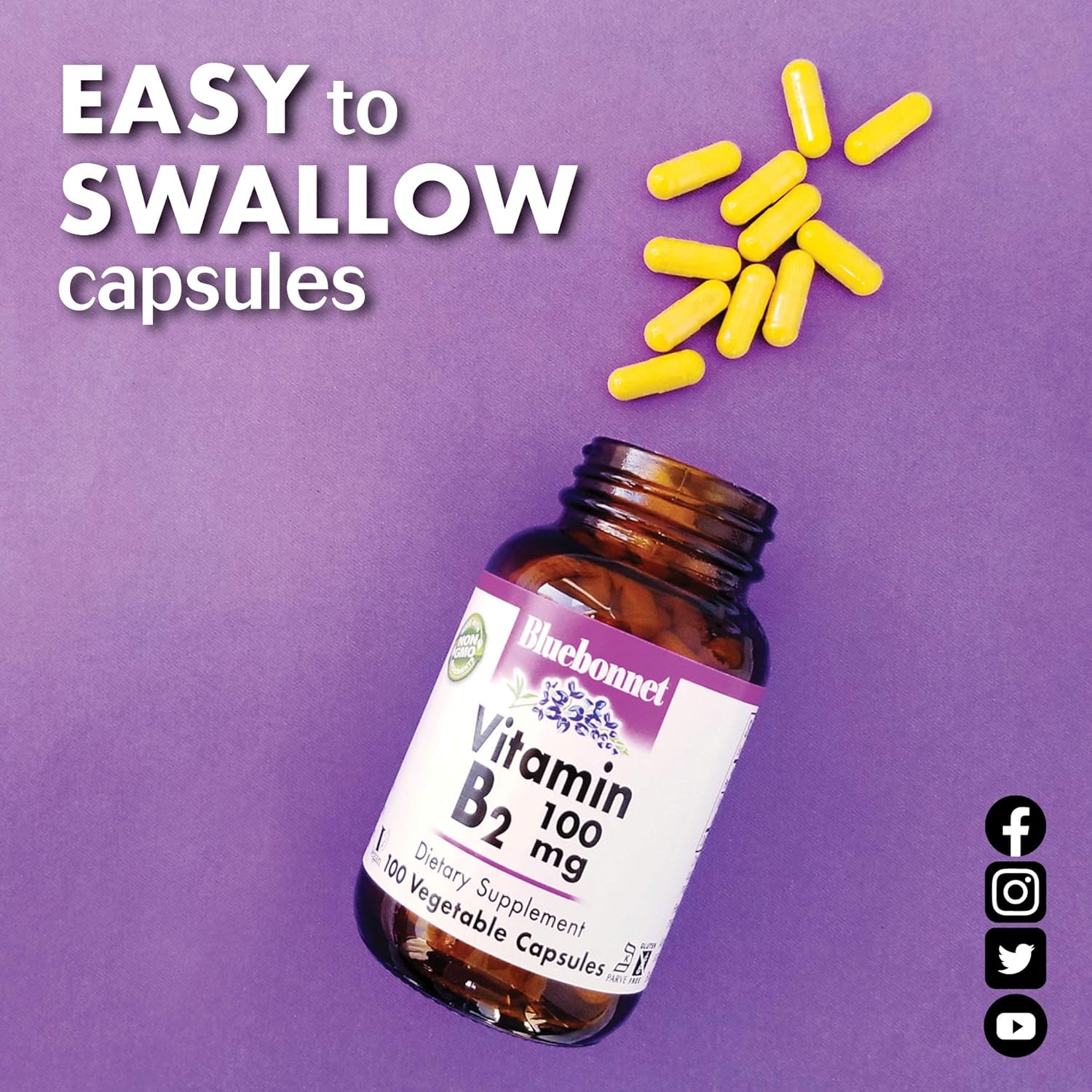 Bluebonnet Nutrition Vitamin B2 100mg - Supports Heart and Nervous System, Soy-Free, Gluten-Free, Kosher, Dairy-Free, Vegan, Non-GMO - 100 Capsules