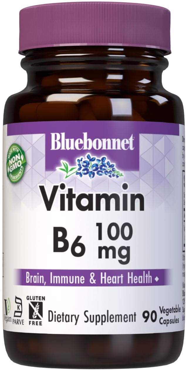 BlueBonnet Nutrition Vitamin B6 100mg Capsules - 90 Count for Cardiovascular & Nervous System Support