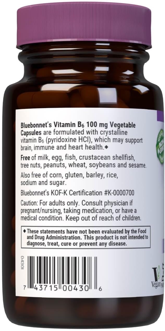 BlueBonnet Nutrition Vitamin B6 100mg Capsules - 90 Count for Cardiovascular & Nervous System Support
