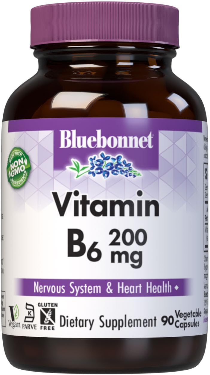 Bluebonnet Nutrition Vitamin B6 200mg Vegetable Capsules - Cardiovascular & Nervous System Support - Soy Free, Gluten Free, Kosher, Dairy Free, Vegan - Non-GMO - 90 Capsules, 90 Servings