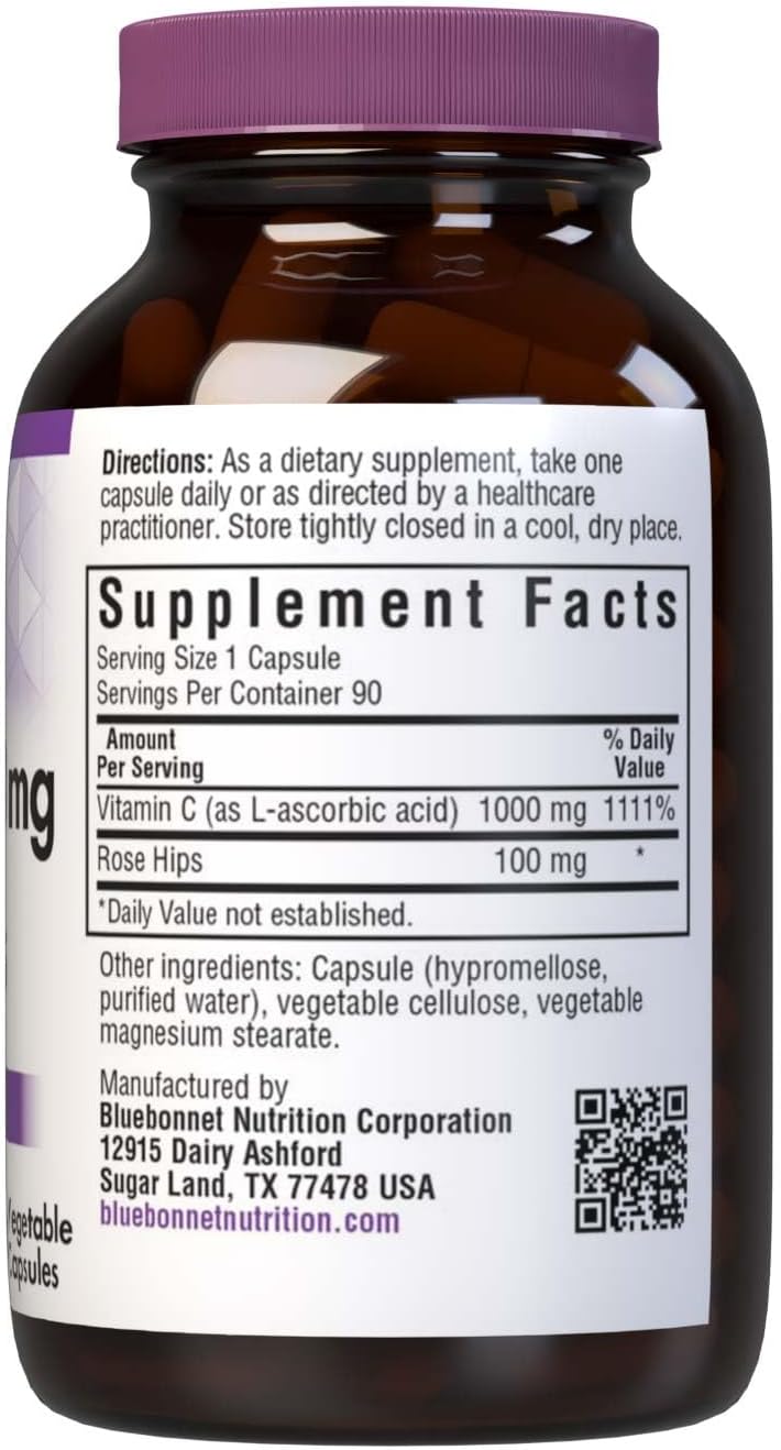 Bluebonnet Nutrition Vitamin C-1000 mg with Rose HIPS Capsules - Immune Health Support, Antioxidant Protection - 90 Count Veg Caps, Soy Free, Gluten Free, Non-GMO, Kosher, Dairy Free, Vegan