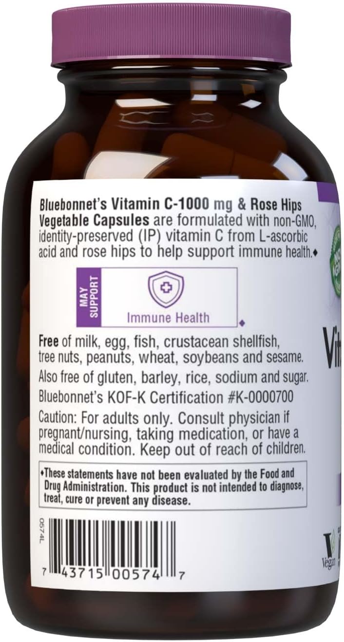 Bluebonnet Nutrition Vitamin C-1000 mg with Rose HIPS Capsules - Immune Health Support, Antioxidant Protection - 90 Count Veg Caps, Soy Free, Gluten Free, Non-GMO, Kosher, Dairy Free, Vegan