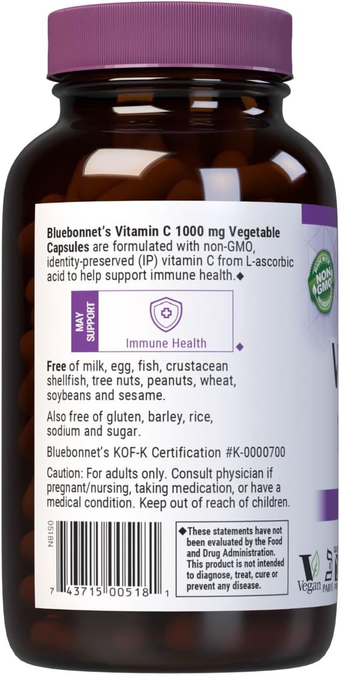 Bluebonnet Nutrition Vitamin C 1000mg Capsules for Immune & Skin Health - Vegan, Non GMO, Gluten Free - 180 Count