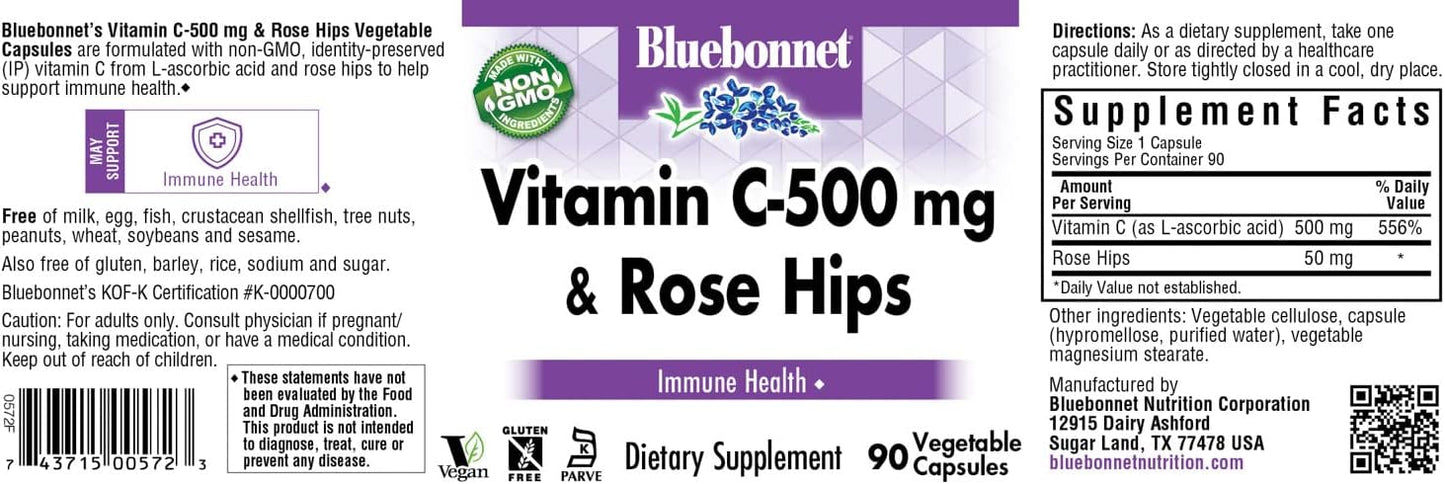 BlueBonnet Nutrition Vitamin C-500 mg with Rose HIPS Capsules - Immune Support, Antioxidant Boost - 90 Count