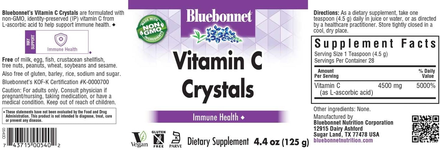 Bluebonnet Nutrition Vitamin C Crystals - Immune Health & Antioxidant Protection - Soy Free, Gluten Free, Non-GMO, Kosher, Dairy Free - Vegan Powder Supplement - 4.4 oz (125 g)