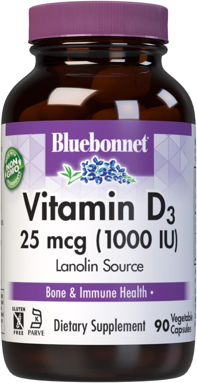 BlueBonnet Nutrition Vitamin D3 1000 IU - Supports Muscle and Bone Growth - Lanolin-Sourced Cholecalciferol - Non-GMO, Gluten/Soy/Milk Free - 90 Veg Capsules