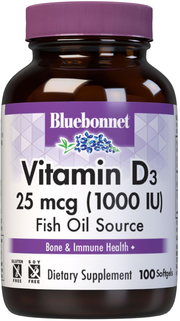 Bluebonnet Nutrition Vitamin D3 1000 IU Softgels - Muscle & Skeletal Growth Support - Cholecalciferol from Fish Oil - Non GMO, Gluten Free, Soy Free, Dairy Free - 100 Softgels