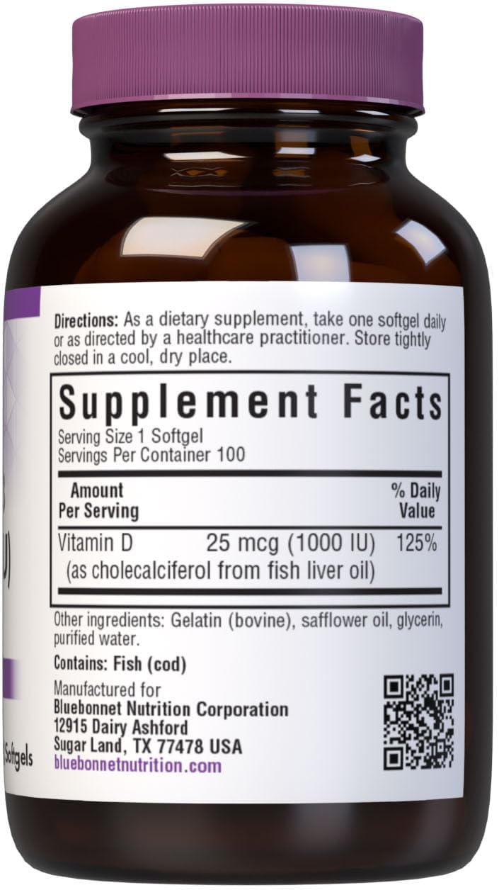 Bluebonnet Nutrition Vitamin D3 1000 IU Softgels - Muscle & Skeletal Growth Support - Cholecalciferol from Fish Oil - Non GMO, Gluten Free, Soy Free, Dairy Free - 100 Softgels