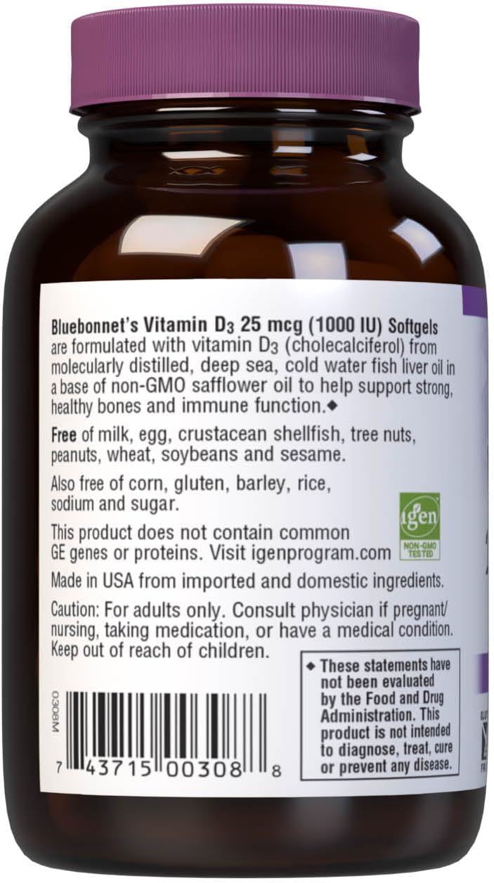 Bluebonnet Nutrition Vitamin D3 1000 IU Softgels - Muscle & Skeletal Growth Support - Cholecalciferol from Fish Oil - Non GMO, Gluten Free, Soy Free, Dairy Free - 100 Softgels
